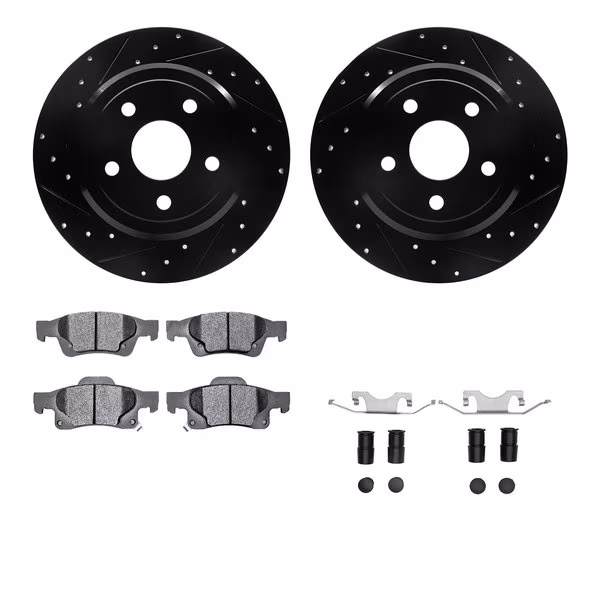 8212-42001, Rotors-Drilled, Slotted-BLK w/Heavy Duty Brake Pads incl. Hardware, SLVGeospec Coat, 